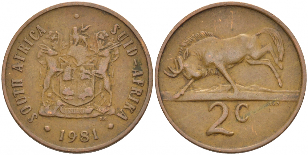 ЮАР 2 цента 1981 герб, антилопа гну KM 83 бронза 110-141