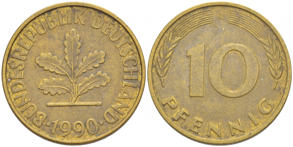 ФРГ 10 ПФЕННИГОВ 1990 A KM 108, J.383 сталь плакированная латунью 4539-1052
