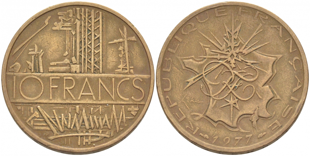 Франция 10 франков 1977 тип Матье KM 940, Le Franc 365.9-10 никель латунь 4402-1141