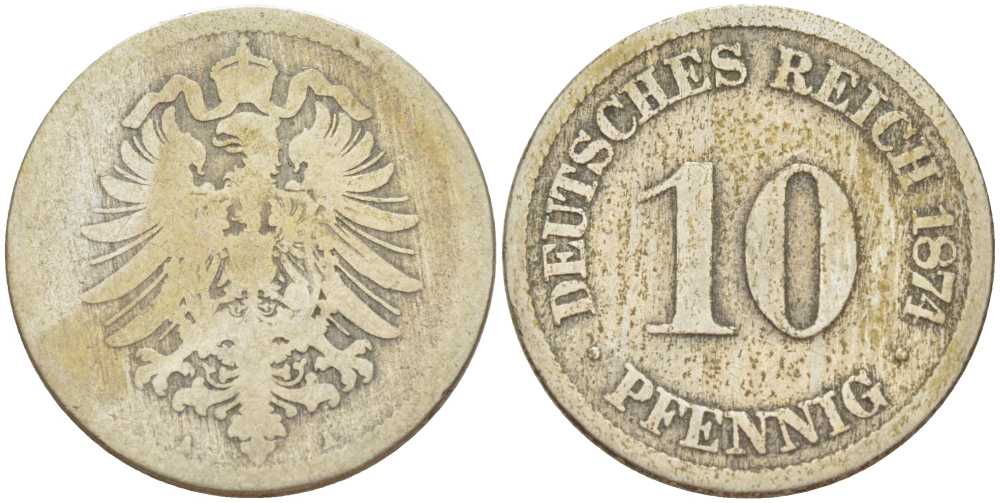 ГЕРМАНИЯ 10 ПФЕННИГОВ 1874 A, СТАРОГЕРБОВКА KM 4, J. 4, Weege 7 медно-никель 261-1214