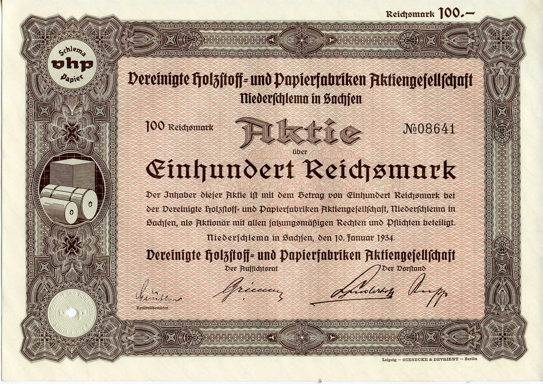 Германия 100 рейхсмарок 1934 АО Объединенные деревообрабатывающие и бумажные фабрики, Нидершлем в Саксонии, акция   бумага  8803-15-1