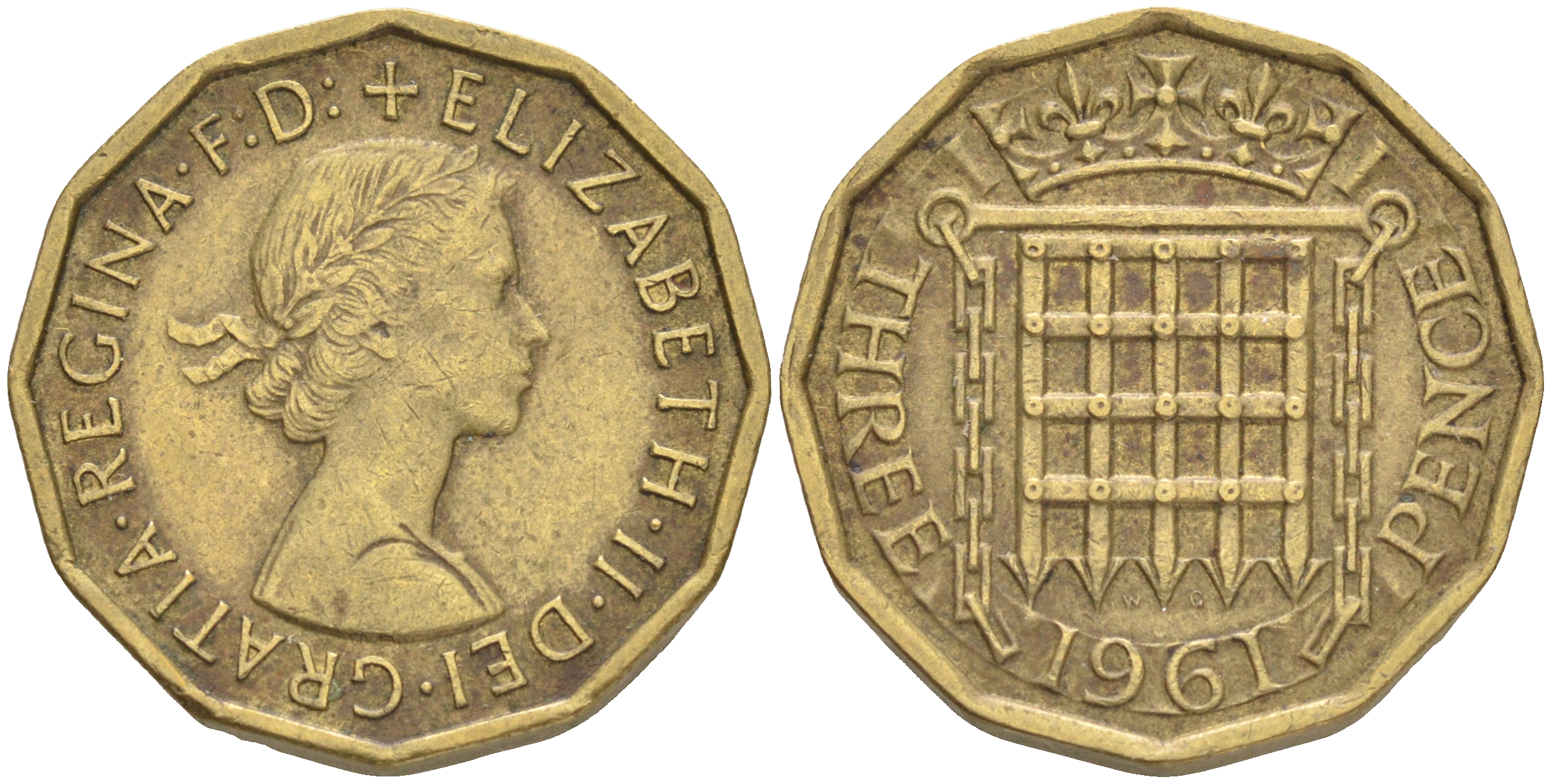 Великобритания 3 пенса 1961 Елизавета II (1952-2022) KM 900, Spink 4153 никель латунь 4556-511