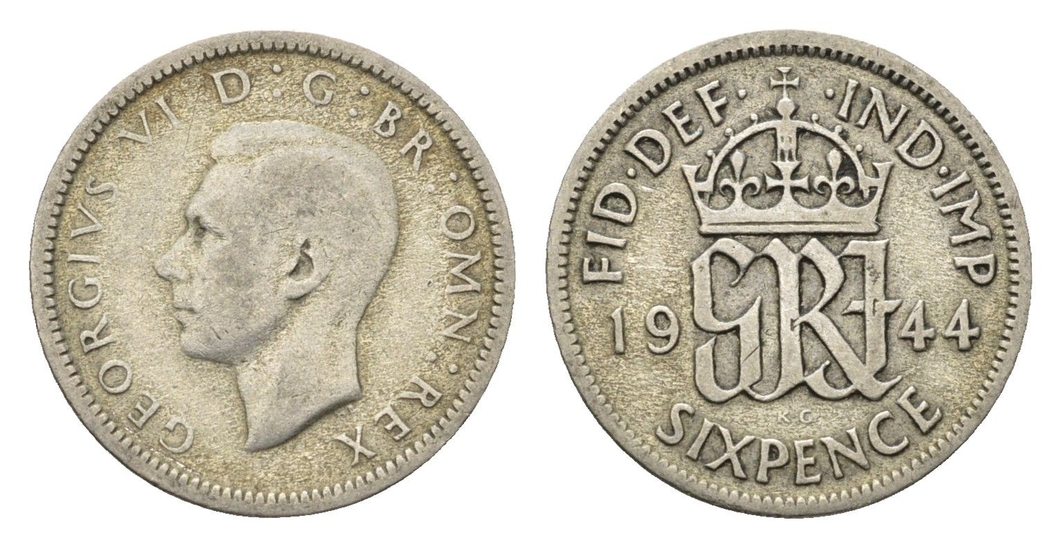 Великобритания 6 пенсов 1944 Георг VI (1936-1952) KM 852, Spink 4084 серебро 4690-818