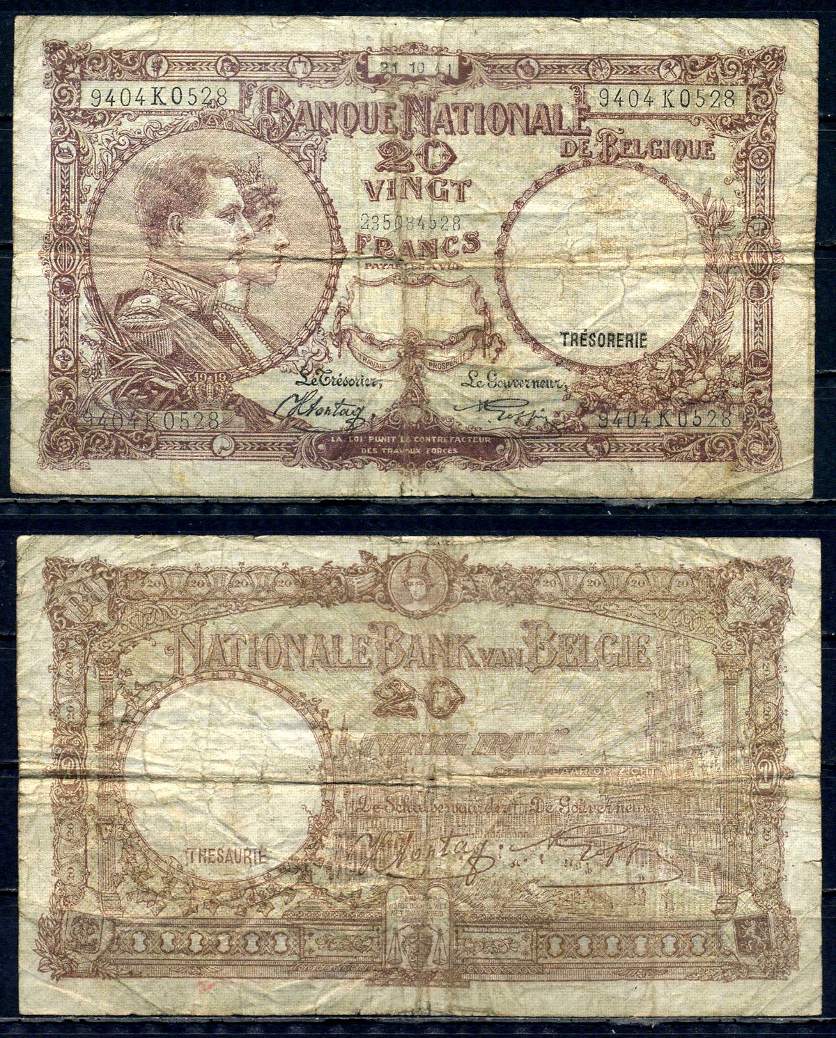 Бельгия 20 франков 1941 21.10.1941, Король Альберт I и его жена Королева Елизавета, Гран-Плас / Гроте Маркт, Брюссель Pick 111 (2) бумага 6301-27-3-1