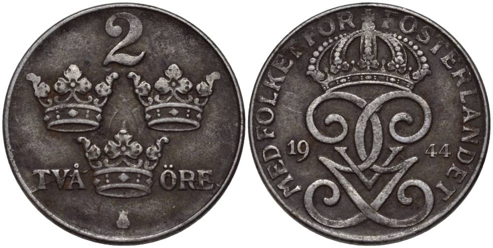 Швеция 2 эре 1944 Густав V (1907-1950) KM 811 железо 27-546