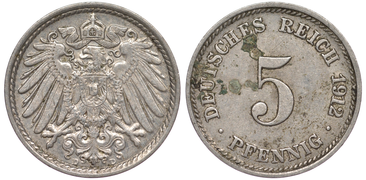 Германия 5 пфеннигов 1912 D, KM 11, J. 12 медно-никель 25-2456