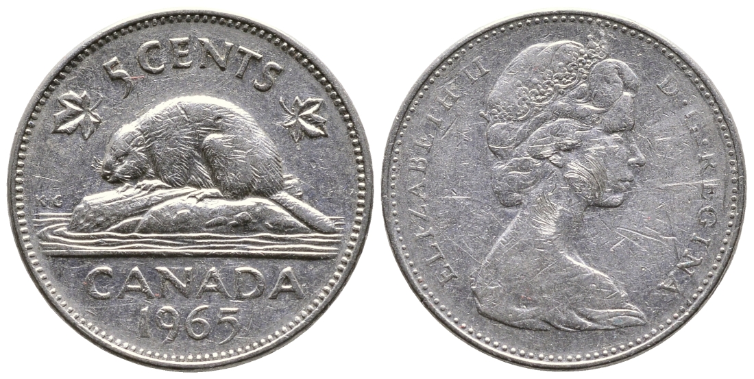 Канада 5 центов 1965 Елизавета II (1952-2022), бобер KM 60.1 никель 4364-2347