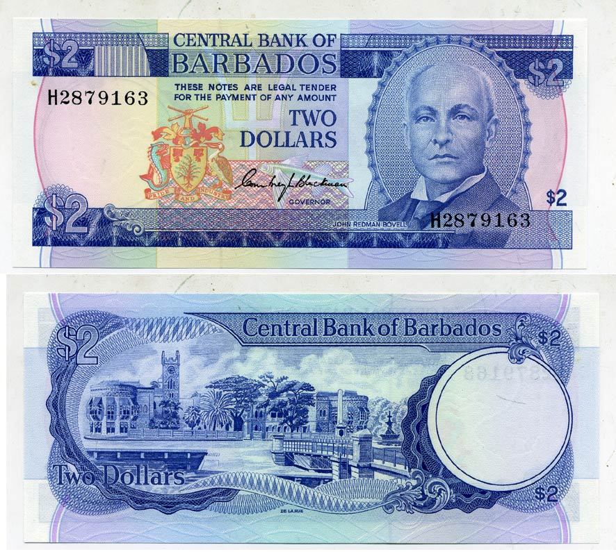 БАРБАДОС 2 ДОЛЛАРА 1980 ДЖОН РЕДМАН БОВЕЛ, ТРАФАЛЬГАРСКАЯ ПЛОЩАДЬ В БРИДЖТАУНЕ, TDLR, ПОДПИСЬ C. BLACKMAN Pick 30а бумага UNC (ПРЕСС) 7552-42-3