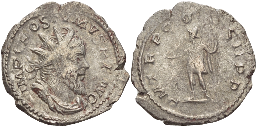 Римская Империя (императоры в Галлии) антониниан 261 Постум. IMP C POSTVMVS P F AVG / P M TR P COS II P P, император в военном доспехе, держит копье и сферу, Августа Треверов, Very fine RIC 54 биллон 1073-12-51