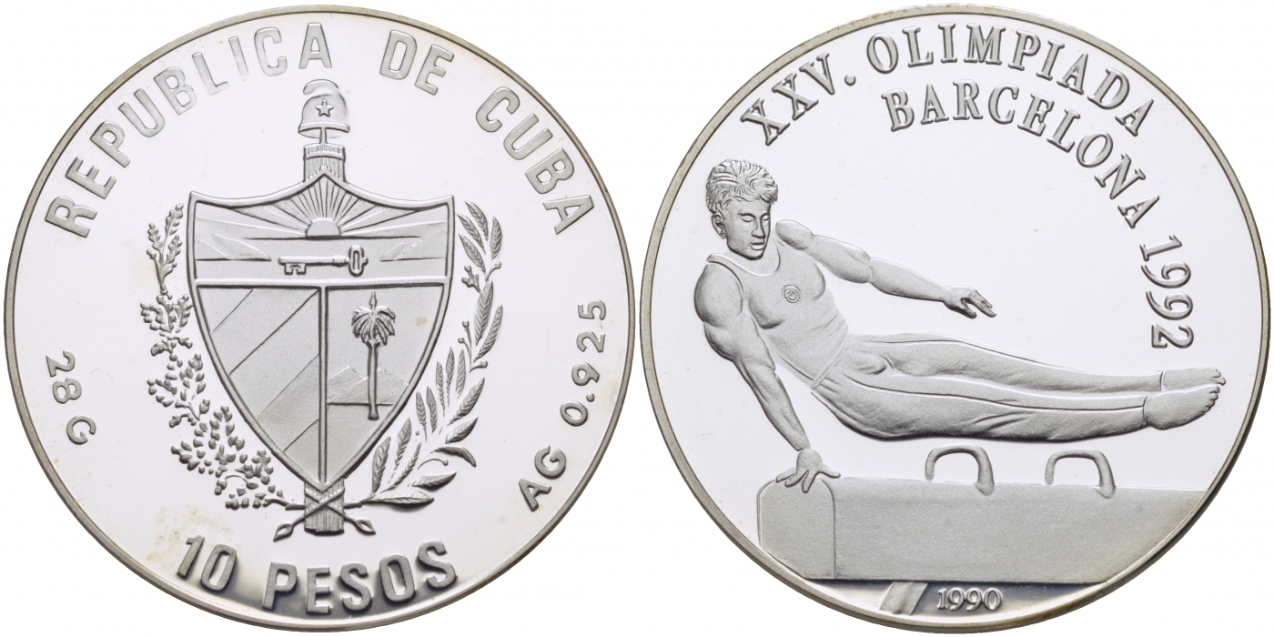 Куба 10 песо 1990 XXV летние Олимпийские игры 1992 года в Барселоне, гимнаст на коне KM 369 серебро PROOF 1077-4-43
