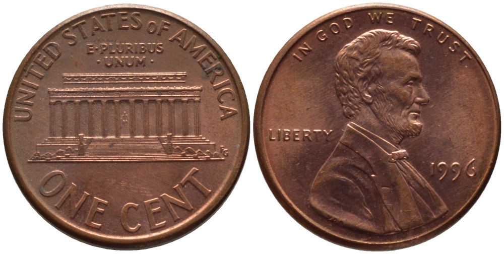 США 1 ЦЕНТ 1996 ЛИНКОЛЬН KM 201b цинк плакированный медью 66-1065