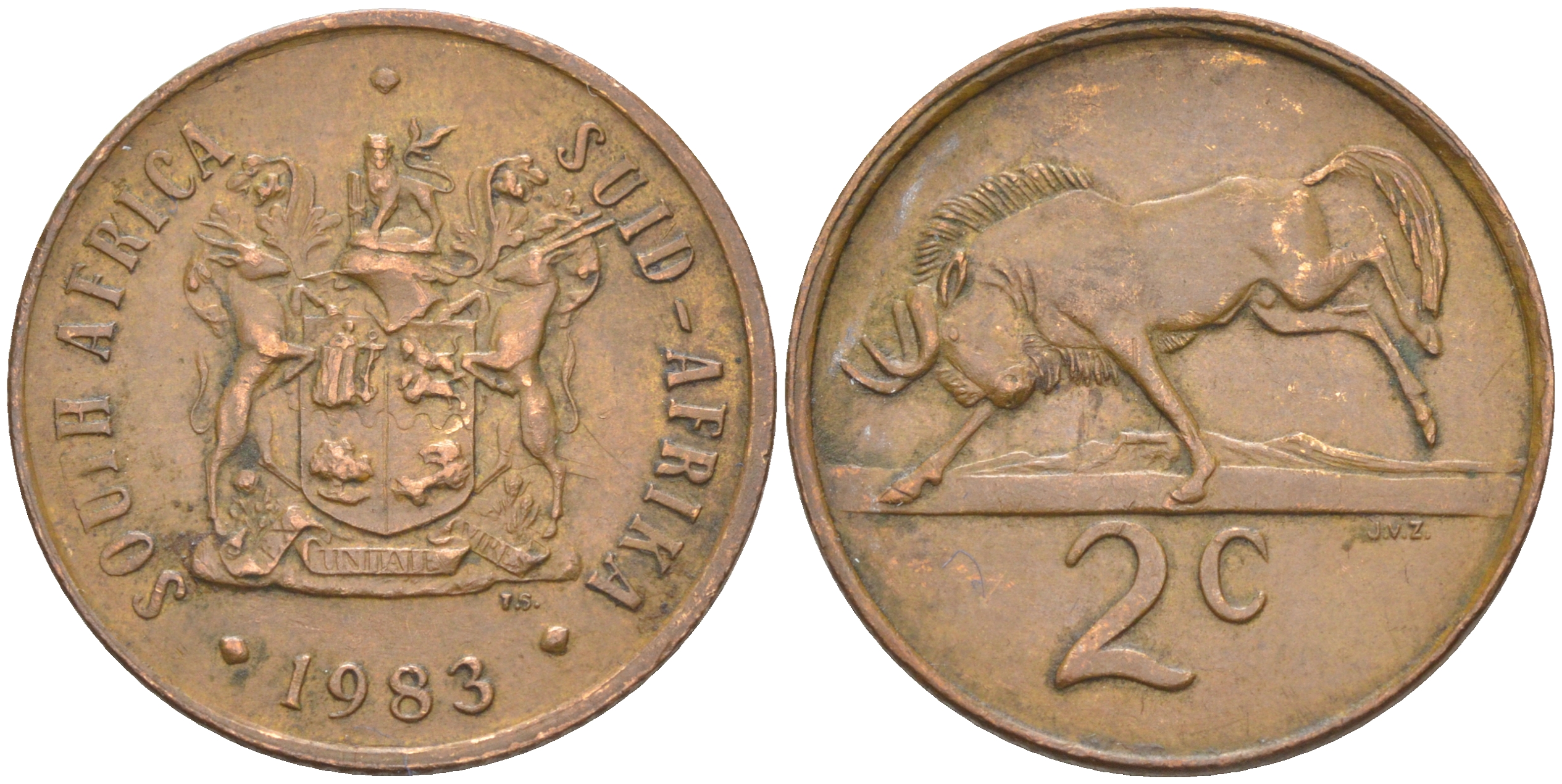 ЮАР 2 цента 1983 герб, антилопа гну KM 83 бронза 175-1053