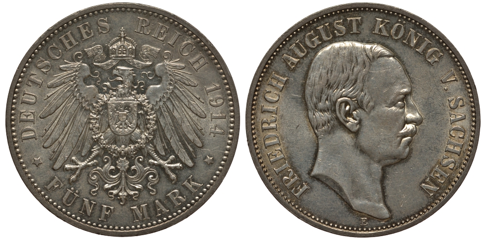 Саксония 5 марок 1914 E, Фридрих Август (1904-1918) Weege 133, J. 136, KM 1266 серебро 00-805-04