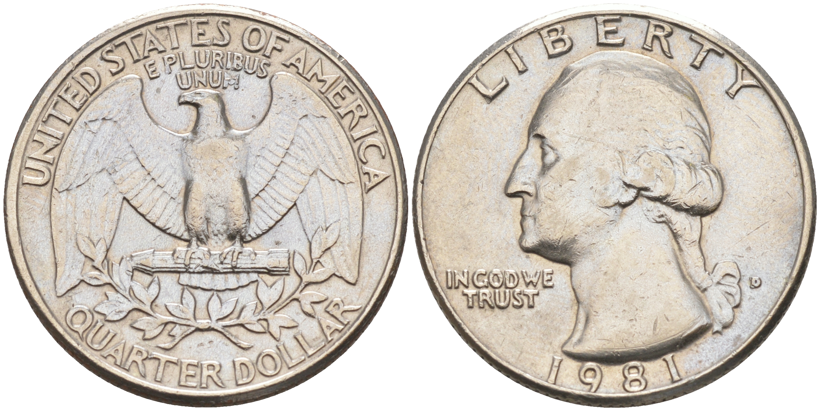 США 25 ЦЕНТОВ = КВОТЕР 1981 D, ВАШИНГТОН KM 164a медь плакированная медно-никелем 190-333