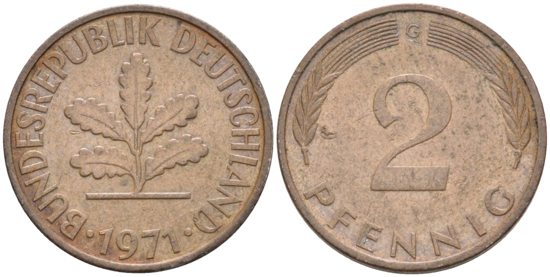 ФРГ 2 пфеннига 1971 G KM 106а сталь плакированная бронзой 4567-352