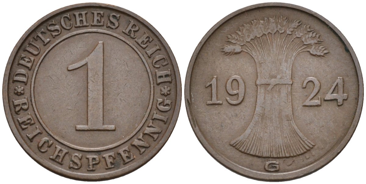 Германия 1 рейхспфенниг 1924 G KM 37, J.313, Weege 2 медь 4585-552