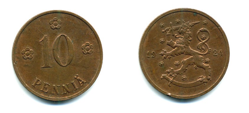 Финляндия 10 пенни 1924 республика (1918-1962) KM 24 медь 46-1925