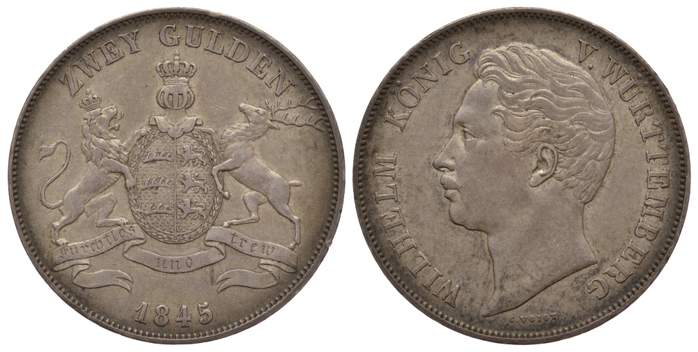 Вюртемберг 2 гульдена 1845 Вильгельм I (1816-1864) KM 595 серебро 00-000-00