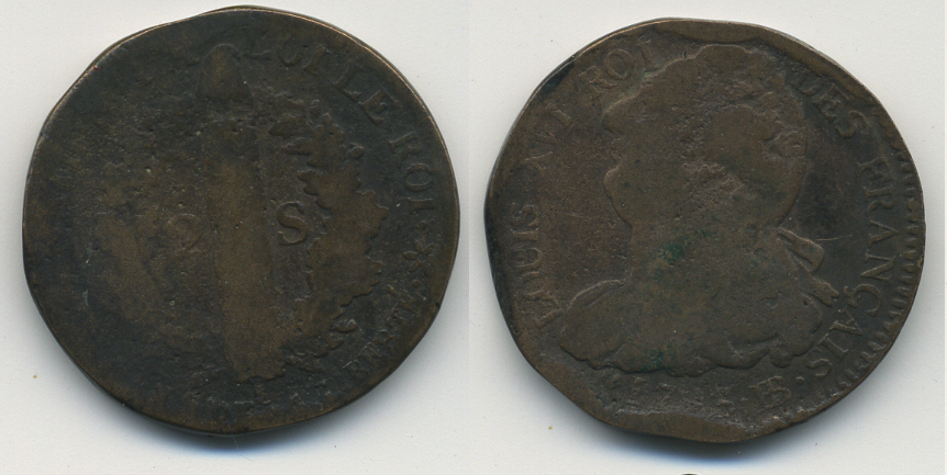 ФРАНЦИЯ 2 СОЛЯ 1793 ПЕРВАЯ РЕСПУБЛИКА бронза 41-1236