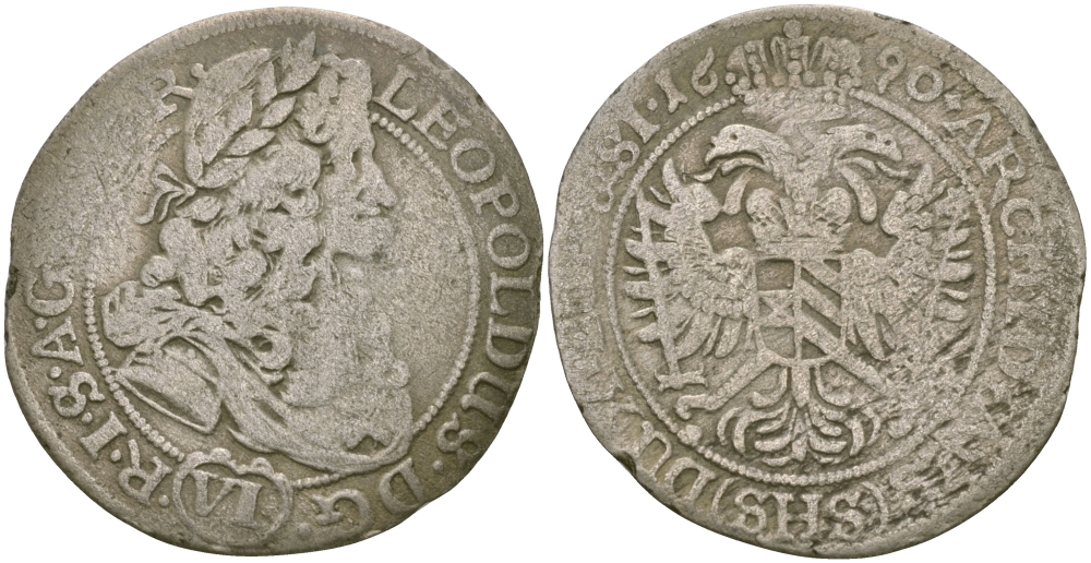 АВСТРИЯ 6 КРЕЙЦЕРОВ 1690 SHS, ЛЕОПОЛЬД I (1658-1705), VIENNA MINT KM 1856 серебро 65-814