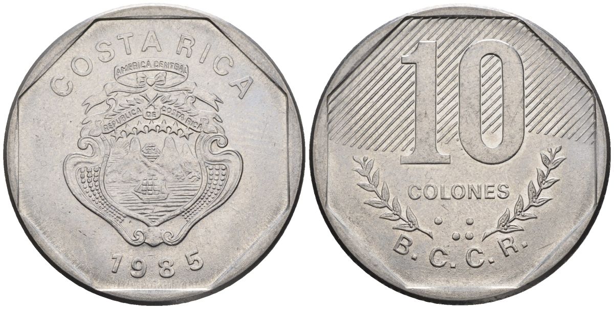 Коста-Рика 10 колон 1985 KM 215.2, Schoen 79a никель сталь 4517-123