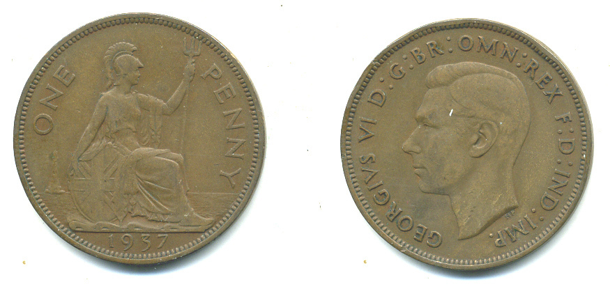 Великобритания 1 пенни 1937 Георг VI (1936-1952) KM 845, Spink 4114 бронза 4383-715