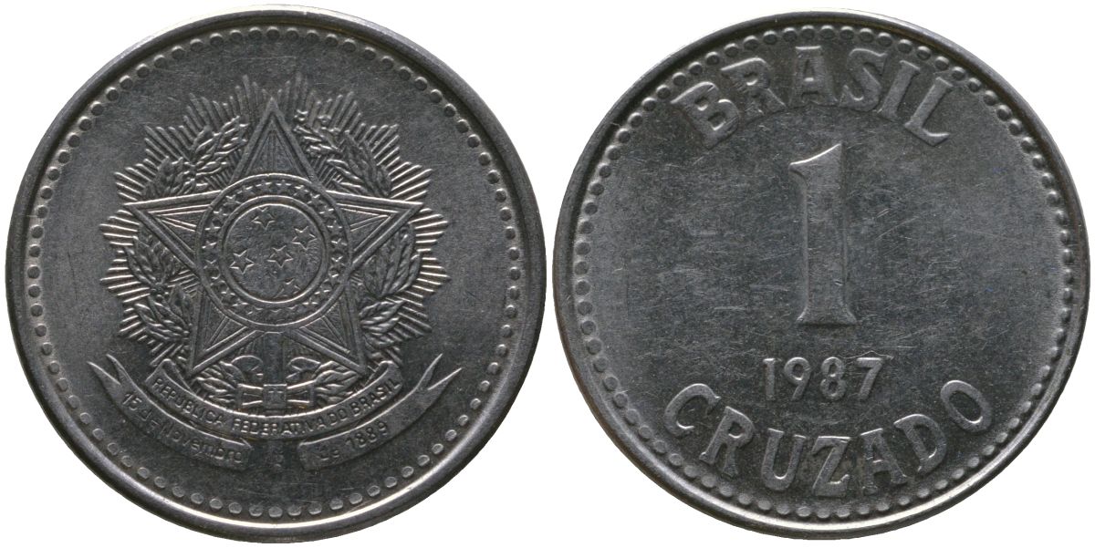 Бразилия 1 крузадо 1987 KM 605, Schon 114 нержавеющая сталь 4577-1155