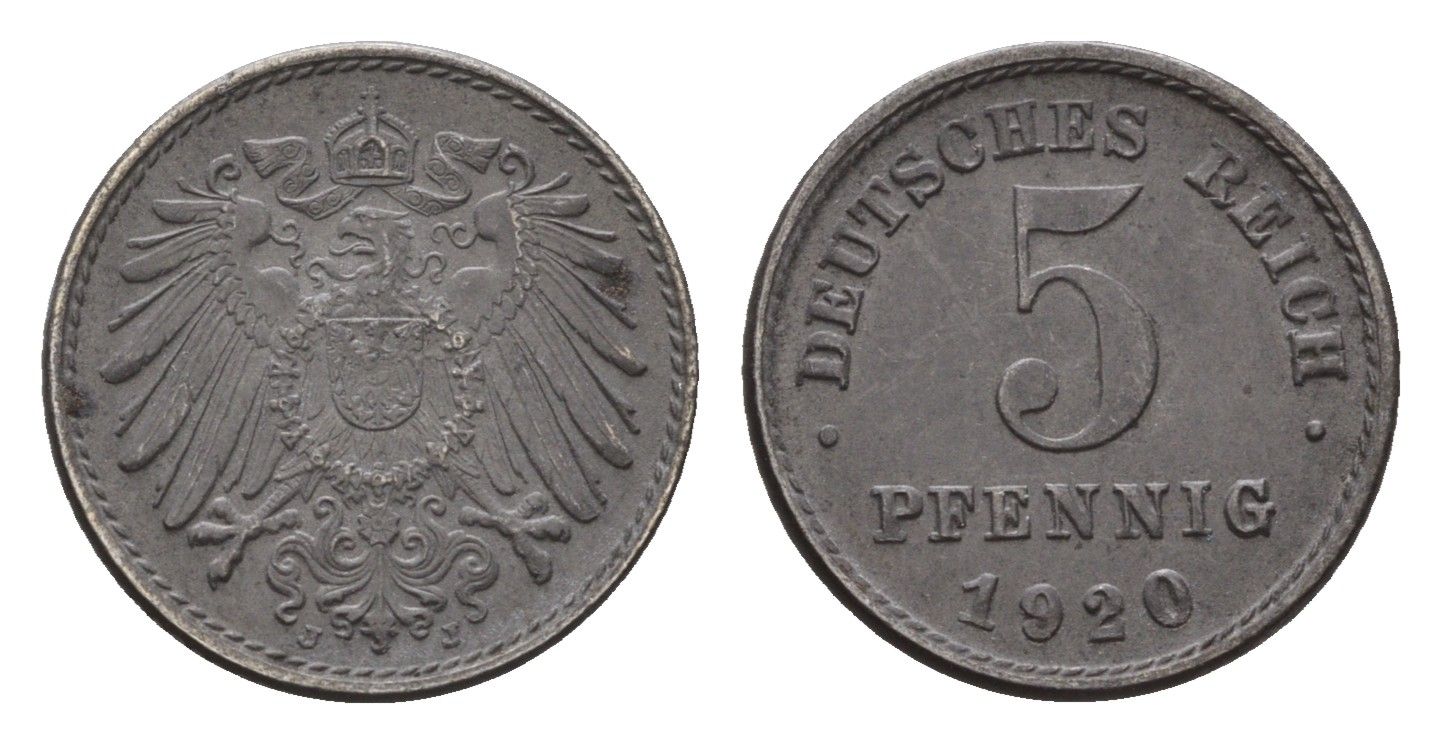Германия 5 пфеннигов 1920 J KM 19, J. 297 железо плакированная цинков 4684-1122