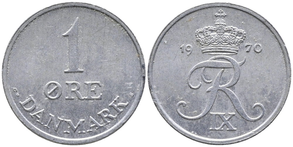 ДАНИЯ 1 ЭРЕ 1970 C; S, ФРЕДЕРИК IX (1947-1972) KM 839.2 цинк 100-666
