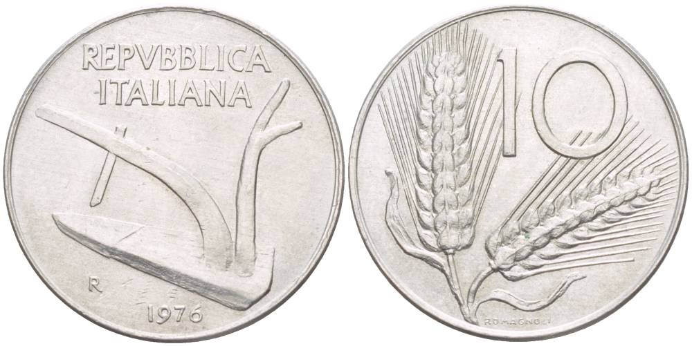 ИТАЛИЯ 10 ЛИР 1976 R, КОЛОСЬЯ, ПЛУГ KM 93 алюминий 4551-223