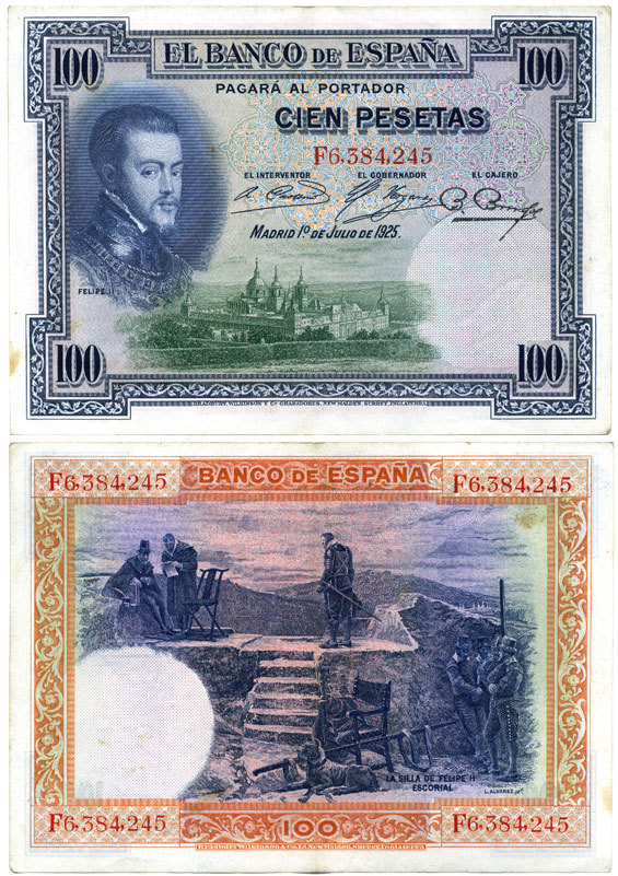 ИСПАНИЯ 100 ПЕСЕТ 1936 СЕРИЯ F 6384245, 12 ИЮЛЯ 1925, ФИЛИПП II, СТУЛ ФИЛИППА II ЭСКОРИАЛ Pick 69c бумага 2192-38-2