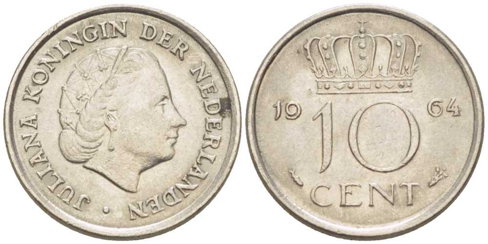 НИДЕРЛАНДЫ 10 ЦЕНТОВ 1964 ЮЛИАНА (1948-1980) KM 182 никель 214-1214