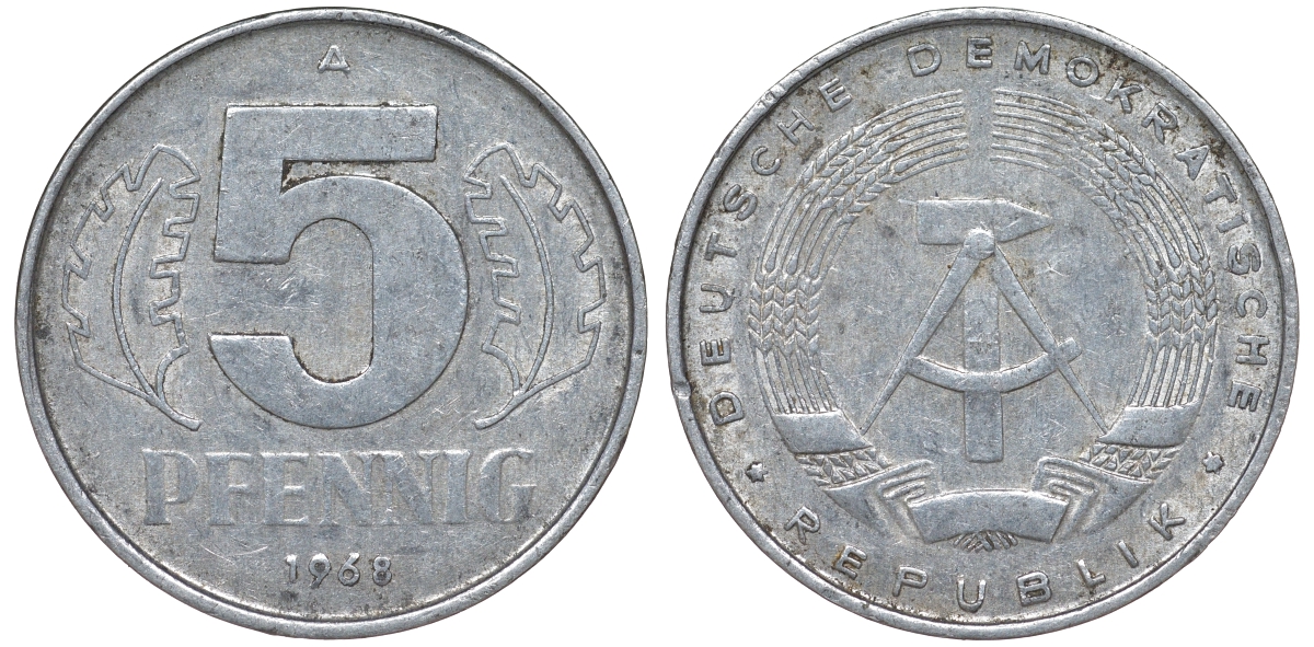 ГДР 5 ПФЕННИГОВ 1968 A KM 9.1 алюминий 62-154