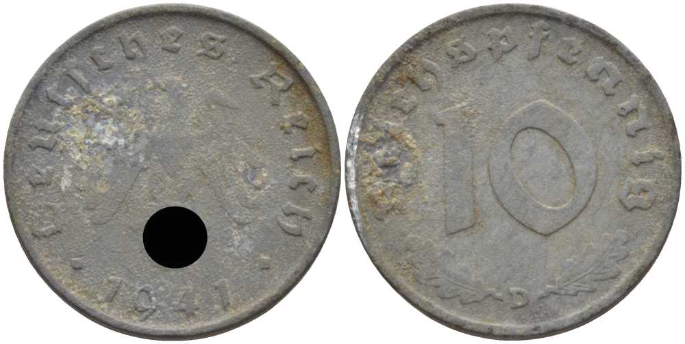 ГЕРМАНИЯ 10 РЕЙХСПФЕННИГОВ 1941 D KM 101, J. 371 цинк 4401-734