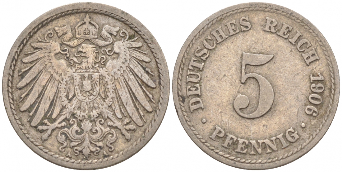 ГЕРМАНИЯ 5 ПФЕННИГОВ 1906 A, KM 11, J. 12 медно-никель 73-1767