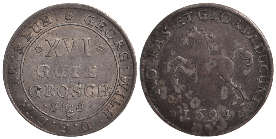 Брауншвейг-Люнебург-Калле 16 гуте гроша (2/3 талера) 1694 JJJ, Георг Вильгельм (1665-1705) KM 374.1, Welter 1595, Davenport 372 серебро 00-816-22
