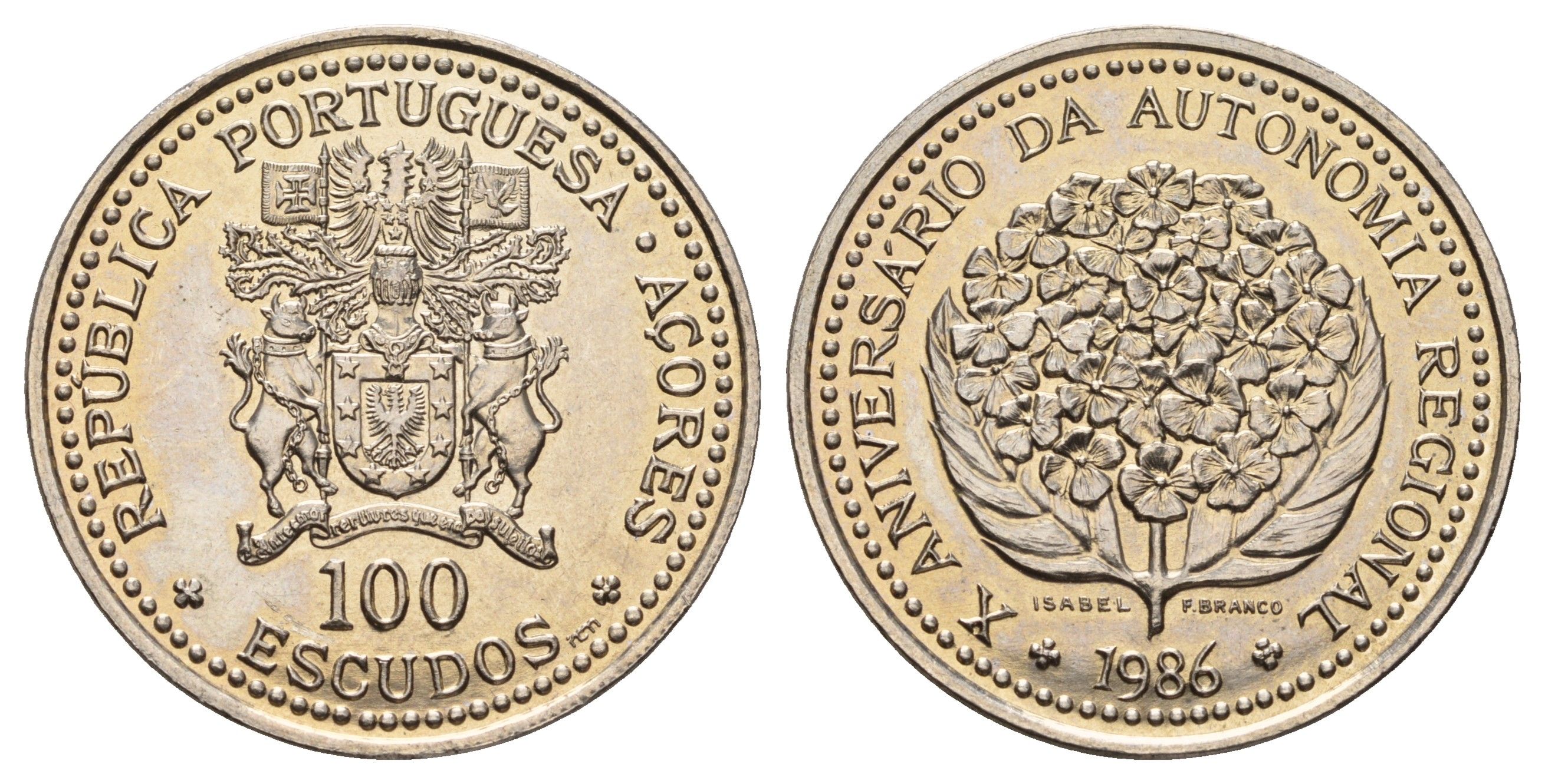 Португалия, Азорские острова 100 эскудо 1986 10 лет автономии Азорских островов KM 45 медно-никель UNC 3334-345