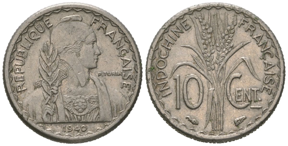 Французский Индокитай 10 сантимов 1940 KM 21.1 никель 4152-1012