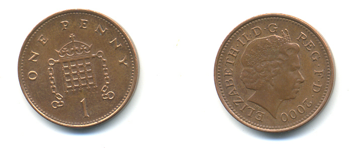 Великобритания 1 пенни 2000 Елизавета II (1952-2022) KM 986, Spink 4710 (B5) сталь плакированная медью 177-542