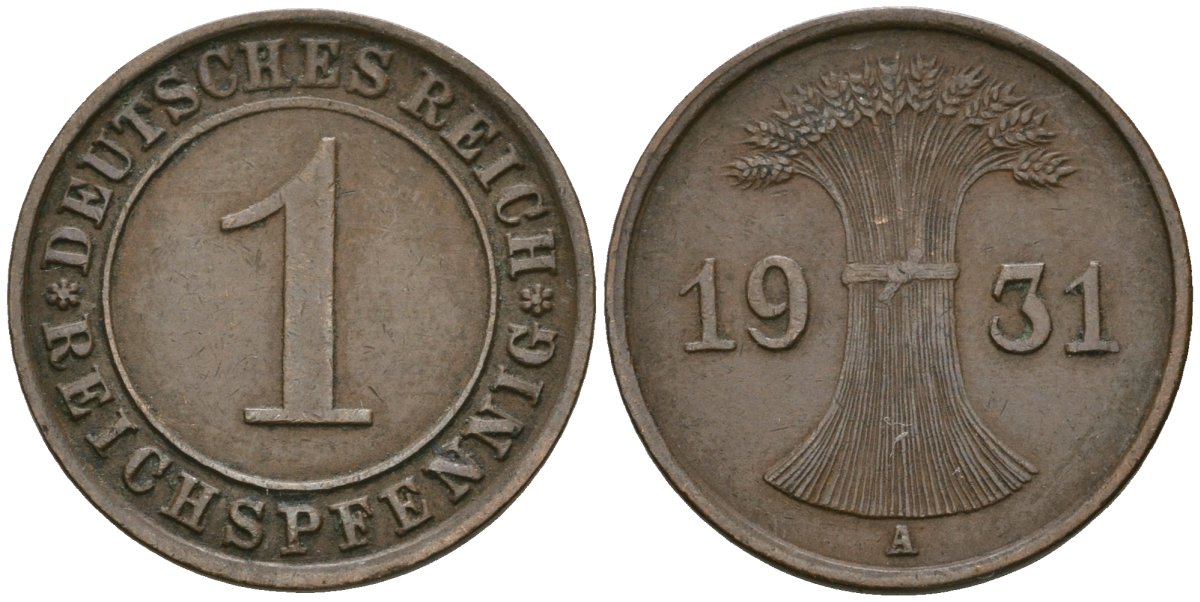 Германия 1 рейхспфенниг 1931 A KM 37, J. 313 бронза 4189-1138
