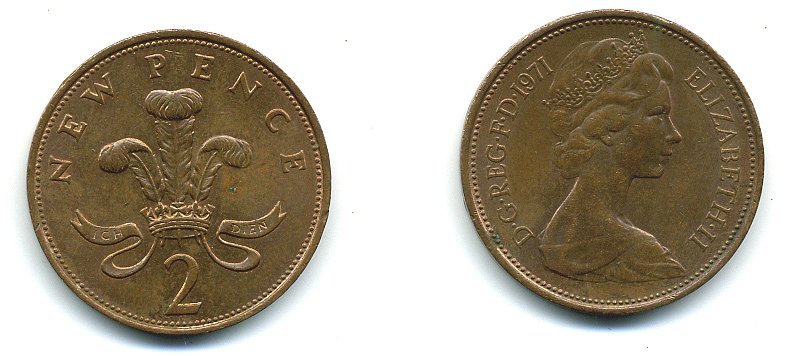 Великобритания 2 пенса 1971 Елизавета II (1952-2022) КМ 916, Spink 4235 (C1) бронза 4110-645