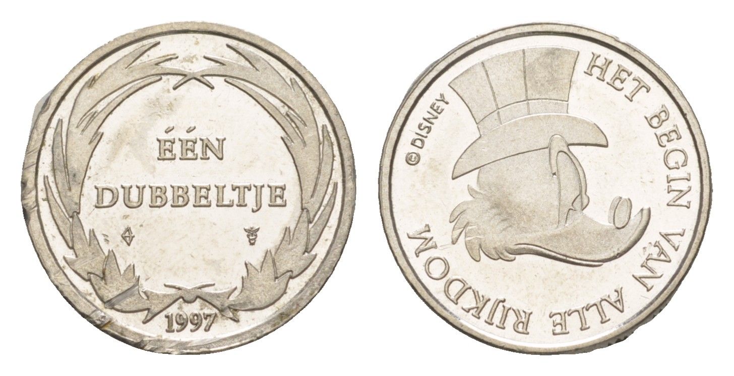 Нидерланды рекламный жетон - 1 Дуббельтье 1997 Уолт Дисней, Скрудж Макдак медно-никель PROOF 4651-428