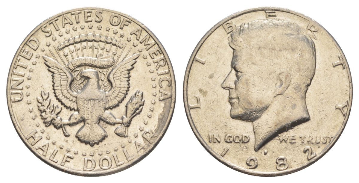 США 1/2 доллара (50 центов) 1982 P, Джон Кеннеди KM A202b медь плакированная медно-никелем aUNC 4517-543