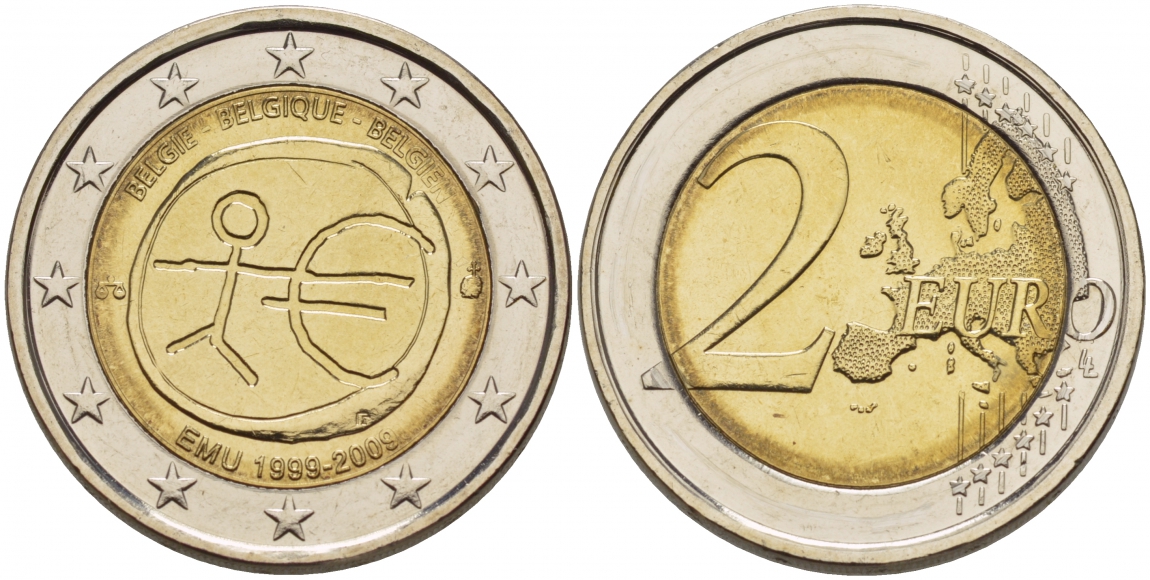 Бельгия 2 евро 2009 10 лет монетарной политики ЕС (EMU) и введения евро KM 282 биметалл UNC 1094-6-42