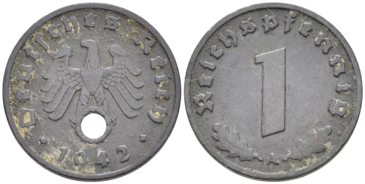 Германия 1 рейхспфенниг 1942 А KM 97, J.369 цинк 4576-1011