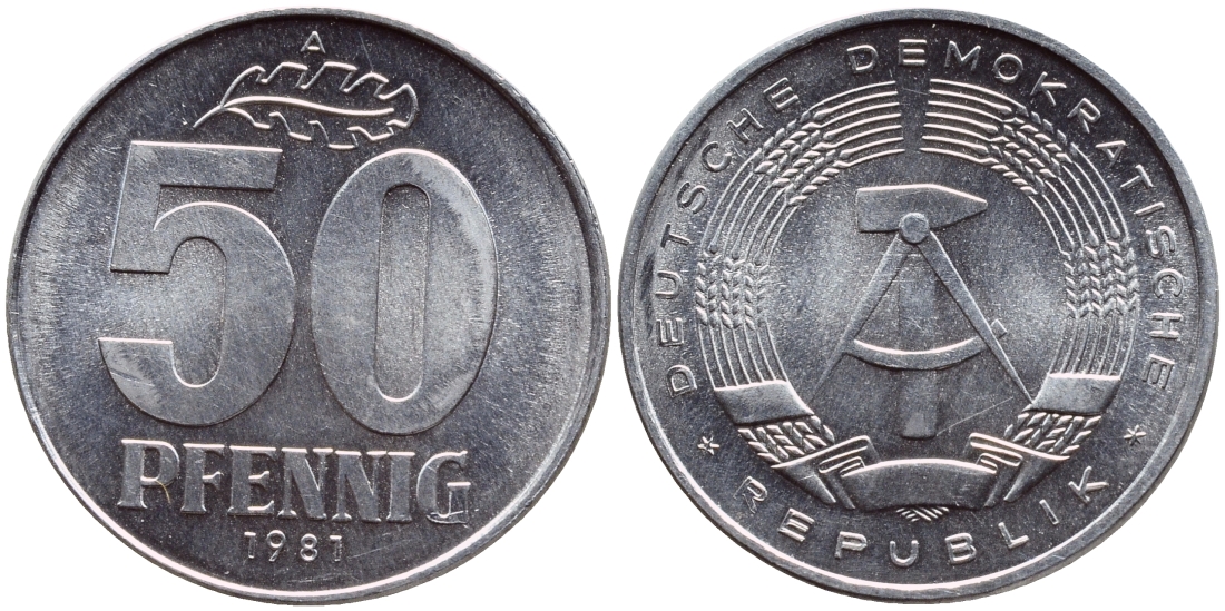 ГДР 50 пфеннигов 1981 А KM 12.2 алюминий UNC 4391-242