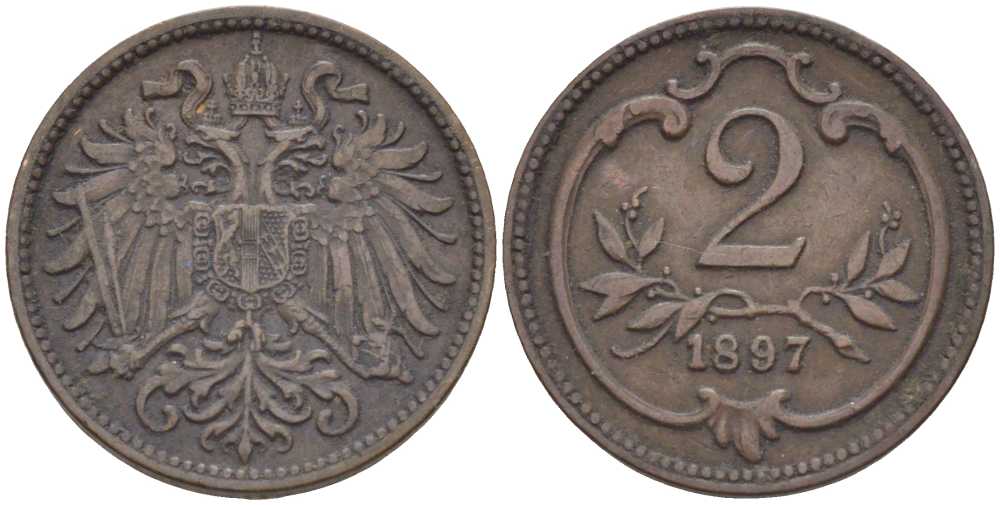 АВСТРИЯ 2 ГЕЛЛЕРА 1897 ФРАНЦ ИОСИФ (1846-1918) KM 2801 бронза 201-948