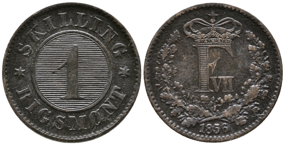 ДАНИЯ 1 СКИЛЛИНГ РИГСМОНТ 1856 ФРЕДЕРИК VII (1848-1863) KM 763 (С135) бронза 28-1135