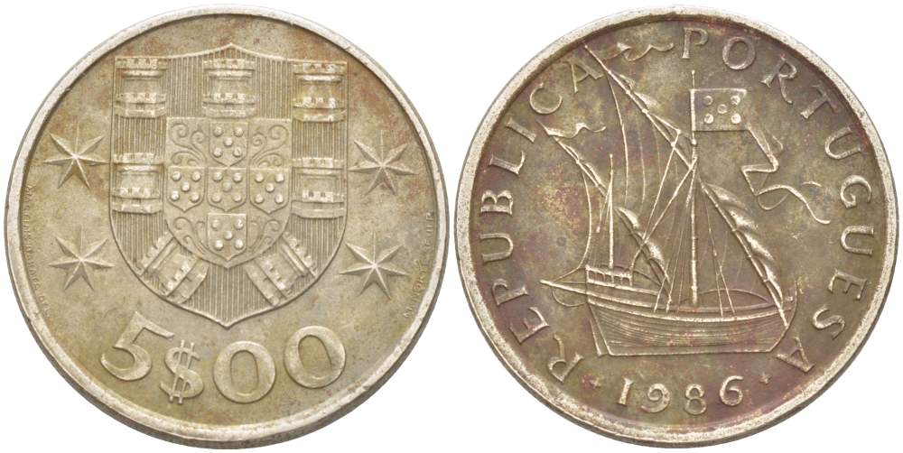 ПОРТУГАЛИЯ 5 ЭСКУДО 1986 ПАРУСНИК KM 591 медно-никель 4523-611