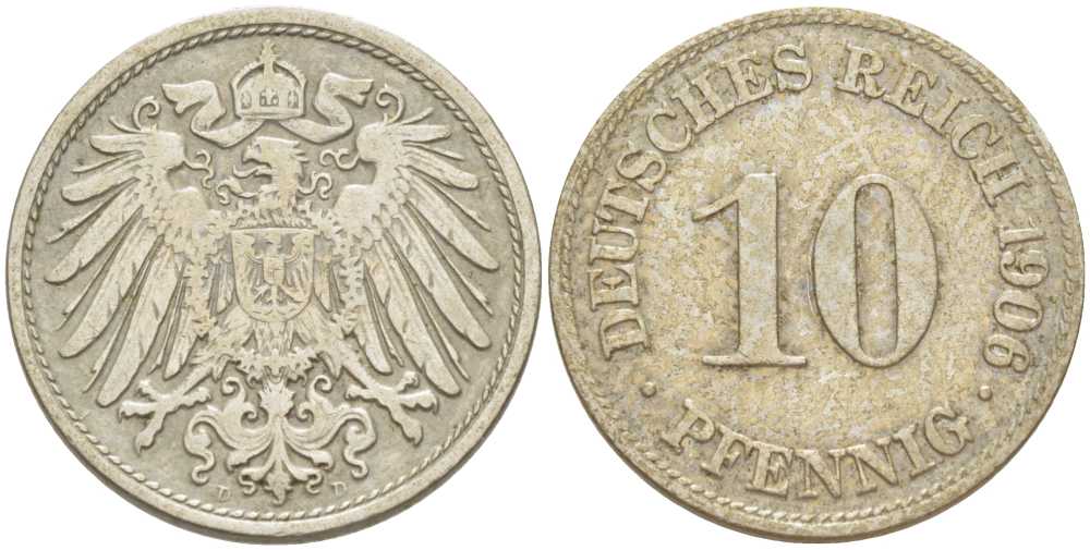Германия 10 пфеннигов 1906 D KM 12, J. 13, Weege 8 медно-никель 259-916